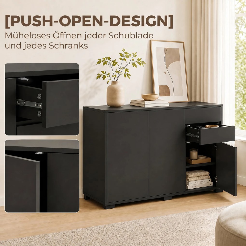 HOMCOM Sideboard Komoda, 2 szuflady, Push-Click, 117 cm x 36 cm x 74 cm, Czarny | Aosom PL