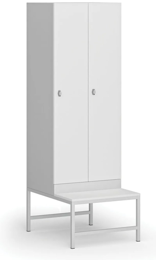 Szafka ubraniowa S1 z ławką, 2-drzwiowa, 1875 x 600 x 500/800 mm, zamek obrotowy, drzwi laminowane, biała