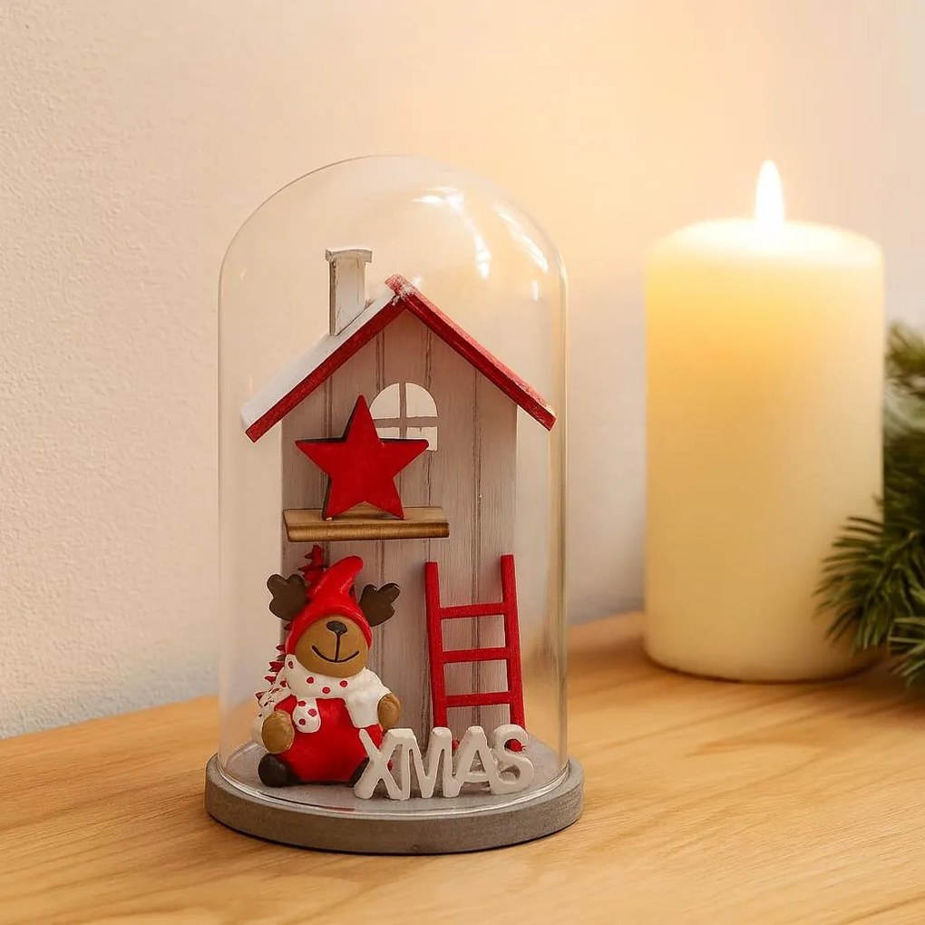 Kopuła szklana z drewnianym domkiem świątecznym, 12 cm
