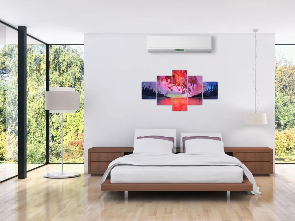 Obraz - Pojawienie się kosmicznych koni nad jeziorem, akwarela (125x70 cm)