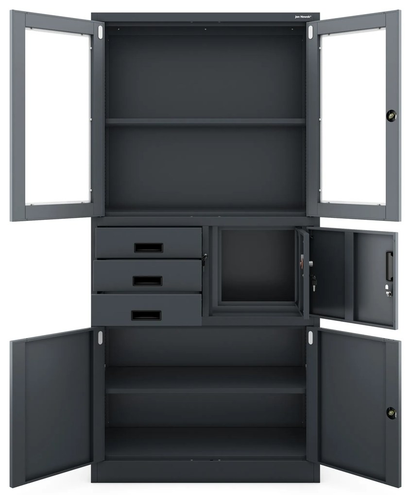 Szafa biurowa metalowa z sejfem, szklane drzwi, antracytowa, 900x1850x400 mm: FILIP