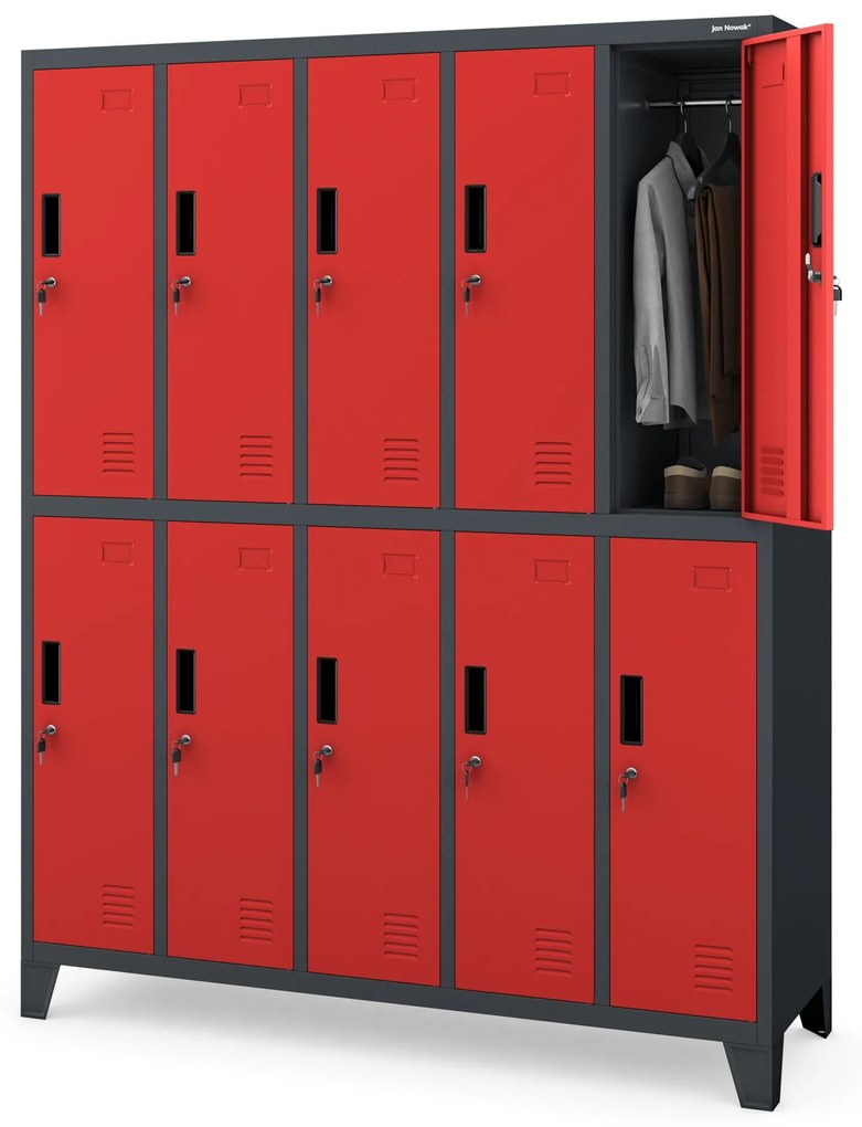 Szafa socjalna ubraniowa BHP 10-drzwiowa antracytowo-czerwona: BARTEK, 1360 x 1720 x 450 mm