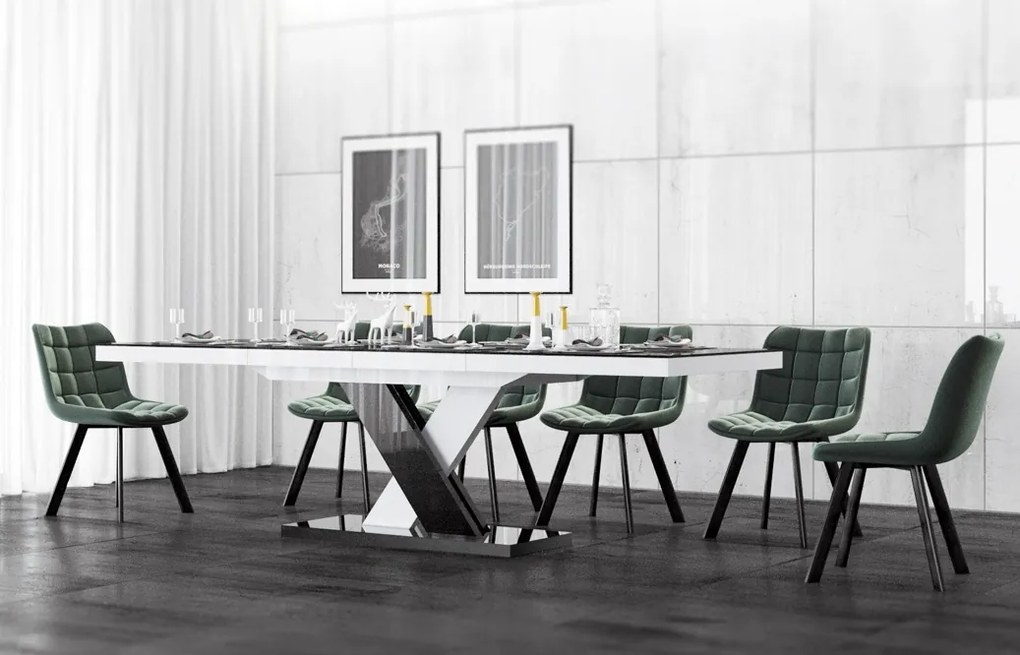 Rozkładany stół w wysokim połysku Xenon LUX Hubertus z czarnym blatem na biało-czarnej nodze