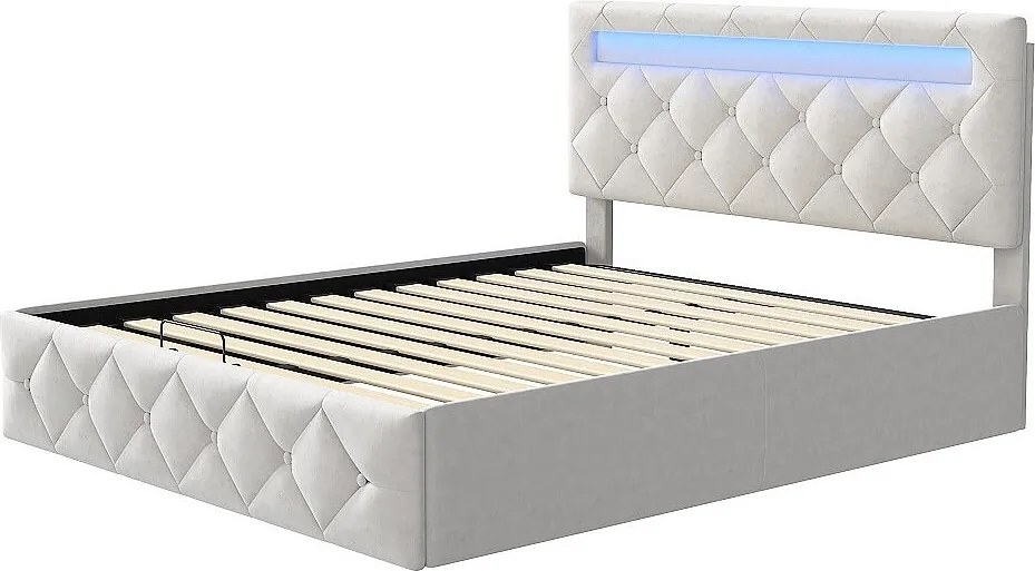 Łóżko podwójne 160x200 cm z aksamitu morelowego z hydraulicznym schowkiem, LED RGB i solidną metalową ramą