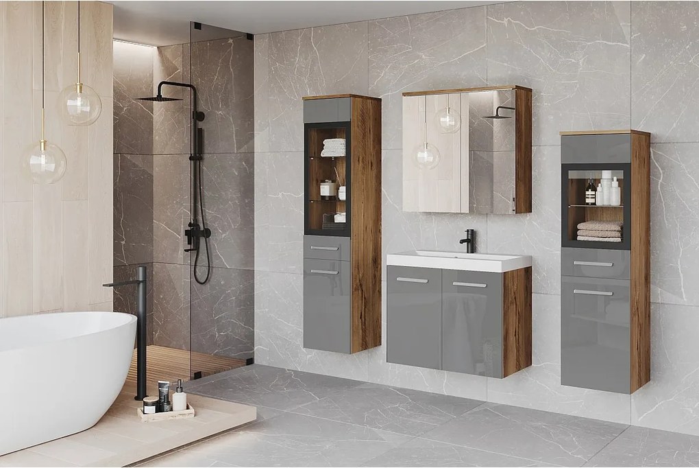 Meble łazienkowe, zestaw wiszący do łazienki z umywalką, 2 słupkami i szafką lustrzaną, korpus kasztan mat / fronty szary połysk