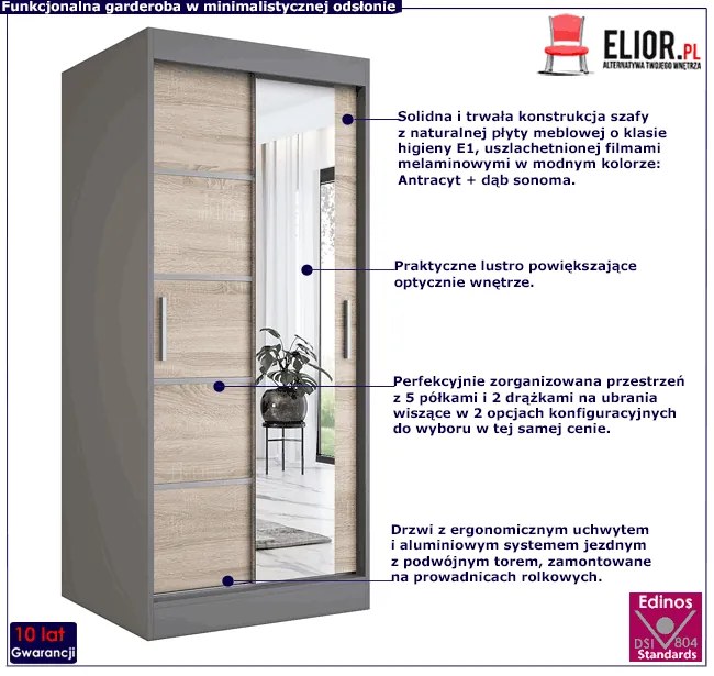 Szafa przesuwna w kolorze antracyt + dąb sonoma - Marmos 2X