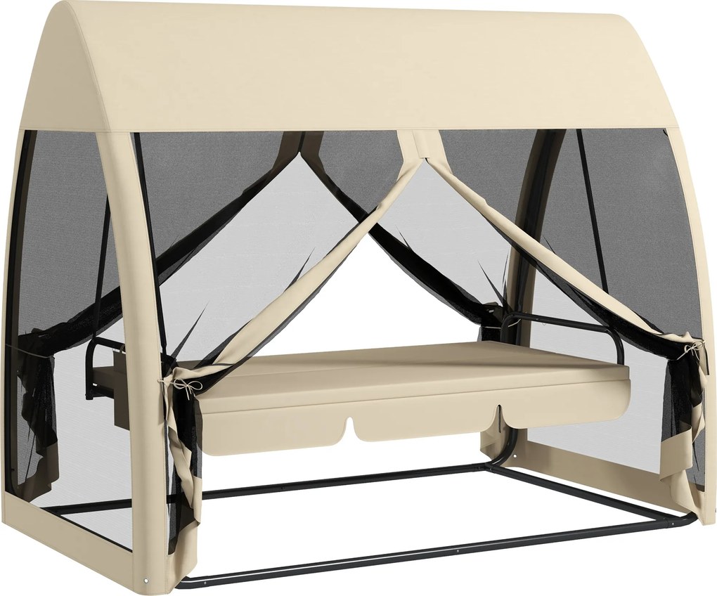 Outsunny 3-osobowa Huśtawka Tarasowa, Huśtawka Werandowa z Funkcją Leżanki, Huśtawka Ogrodowa z Siatką Moskitierą i Stalową Ramą, Kawa