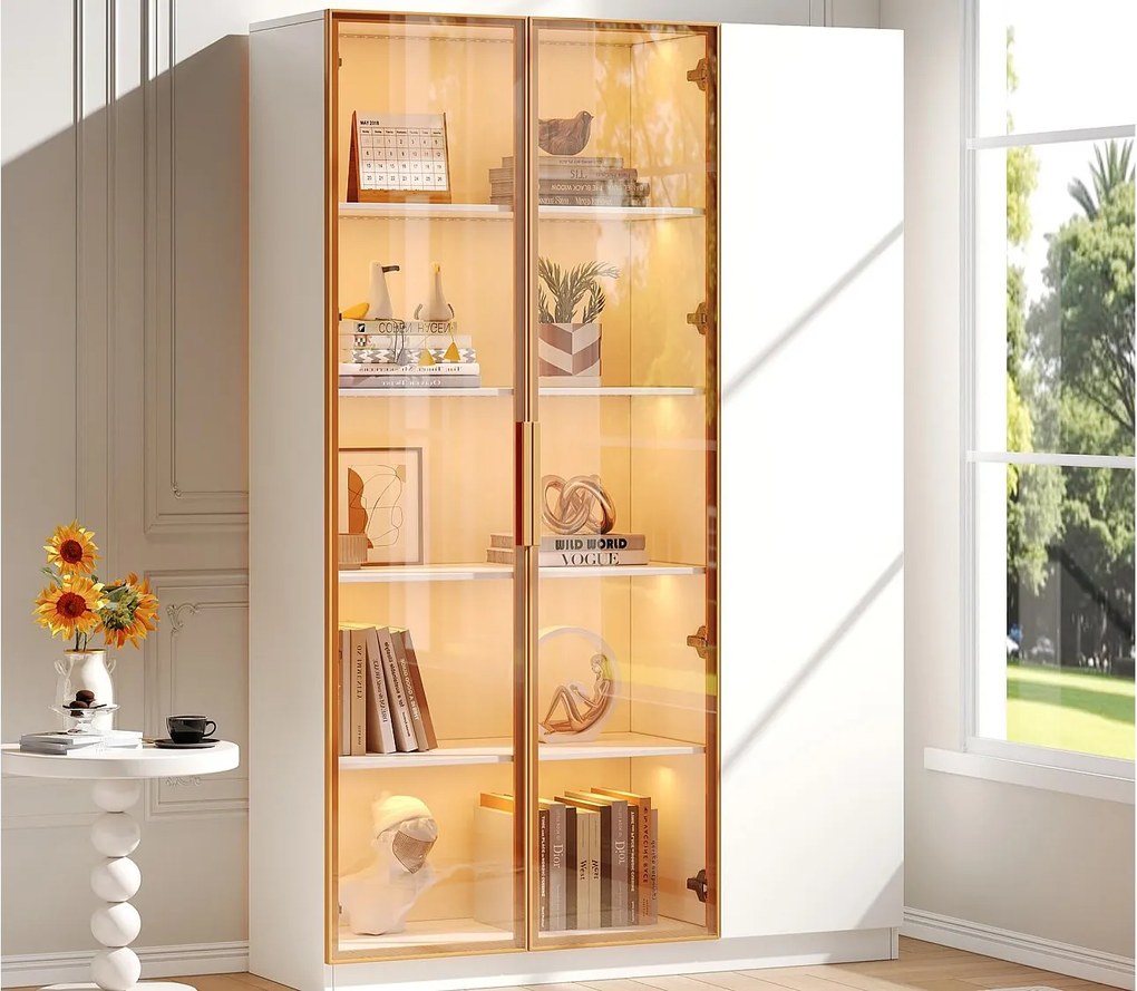 Szklana witryna 165 cm wysokości - Oświetlenie LED - 3 drzwi - Regulowane półki - MDF + Płyta wiórowa - Biały