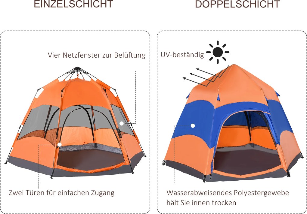 Namiot wodoodporny Campingowy 275x275 cm dla rodziny - Quick-Up, podwójna ściana, outdoor, z torbą i moskitierą Pomarańczowy Niebieski | Aosom PL