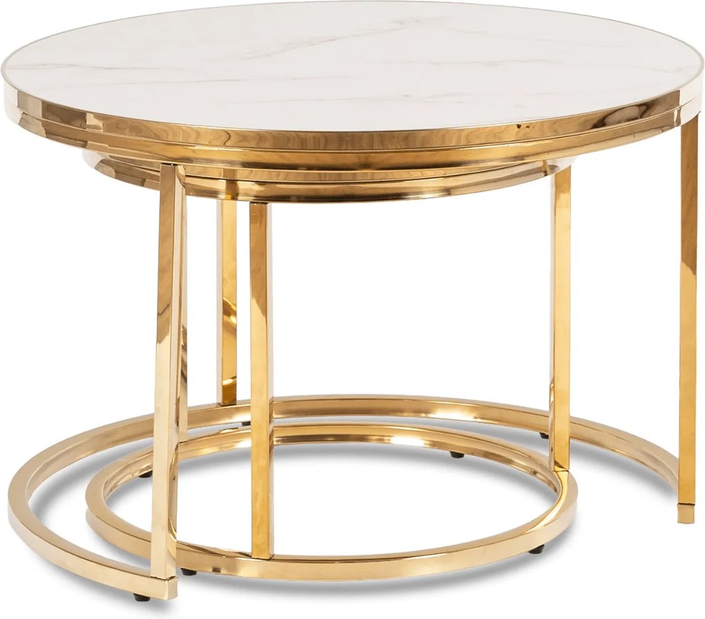 Zestaw Stolików Kawowych ARON 70 cm/50 cm Biały Marmur/Złoty Glamour
