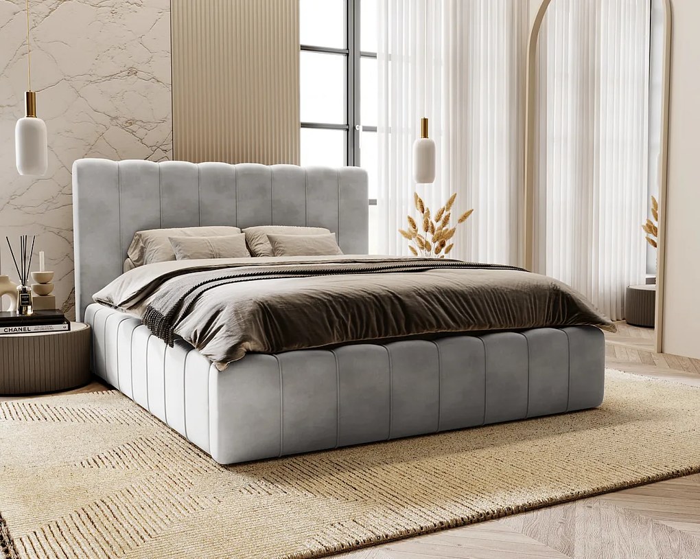 Emporius Lisbon łóżko dwuosobowe z pojemnikiem - łóżko tapicerowane 140x200 cm - nowoczesny styl, wysoka jakość - aksamit, jasny szary (Magic Velvet 2218)
