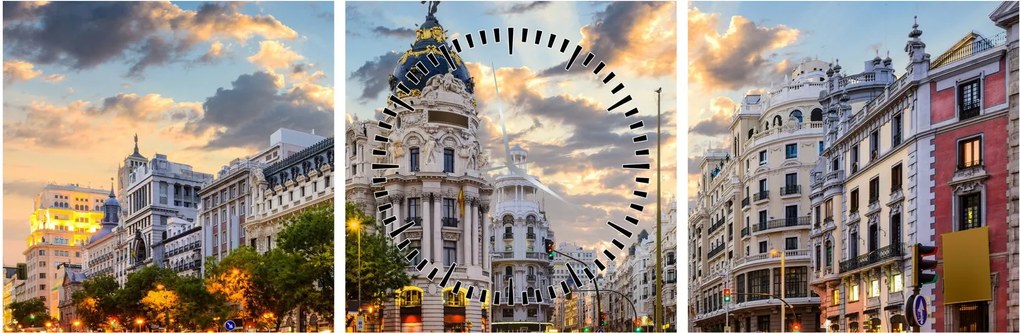 Obraz - Calle Gran Vía, Madryt, Hiszpania (z zegarem) (90x30 cm)
