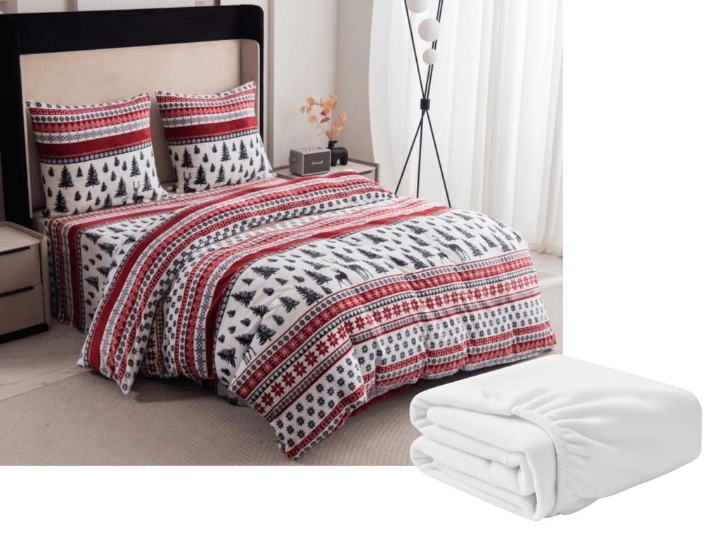 PrzytulneMieszkanie.pl PrzytulneMieszkanie.pl PrzytulneMieszkanie.pl Zestaw 2 sztuki pościeli z mikropluszu TWINKLE CHRISTMAS kolorowa + prześcieradło z mikropluszu SOFT 180x200 cm białe, podwójne łóżko