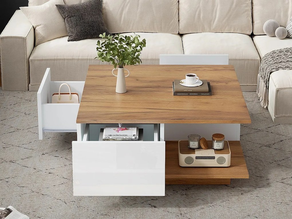 Stolik kawowy 70×70×31,5 cm - z 3 szufladami - kwadratowy blat - płyta wiórowa - biały + naturalny