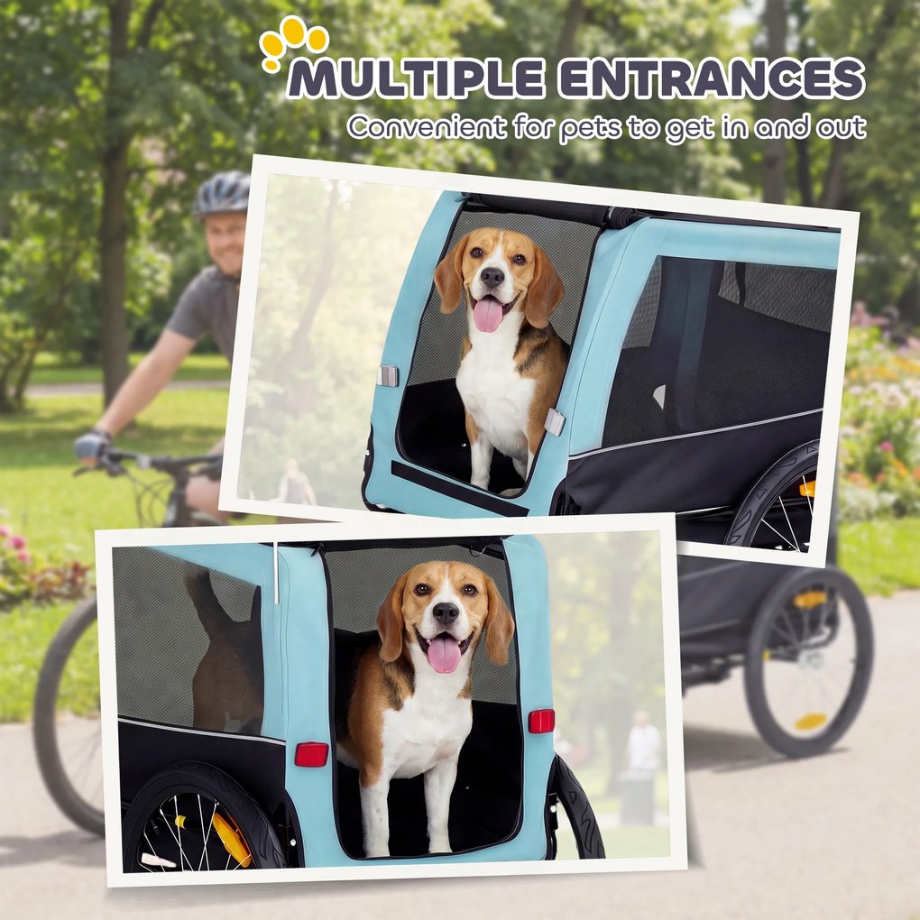 PawHut Składana przyczepka rowerowa z odblaskami, smyczą, dla średnich psów do 20 kg, 143 x 70 x 90 cm, jasnoniebieska | Aosom PL