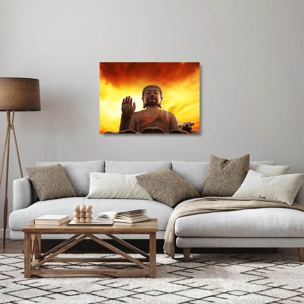 Obraz na szkle - Budda z czerwonym i żółtym tłem (70x50 cm)