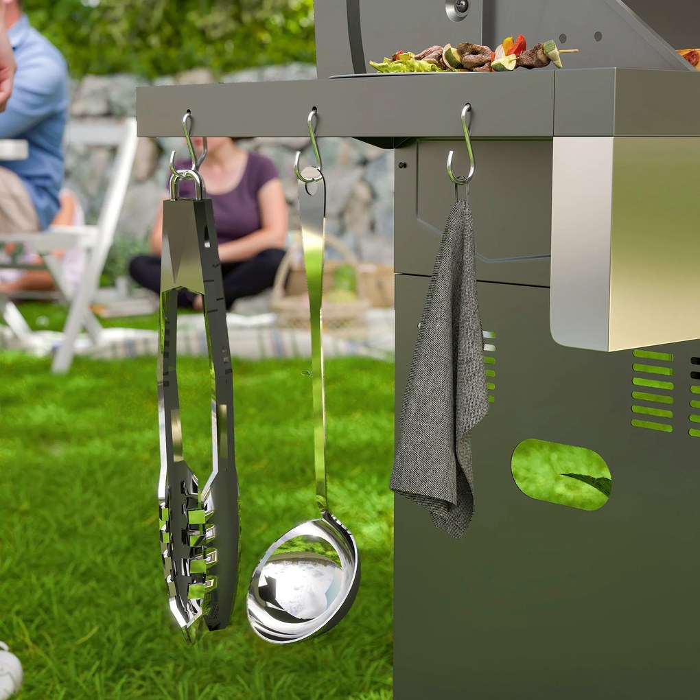 Outsunny Grill Gazowy 8500BTU z Wózkiem, 6 Palników ze Stali Nierdzewnej, Termometr, Regulator Ciśnienia 141 x 55 x 110 cm Srebrny