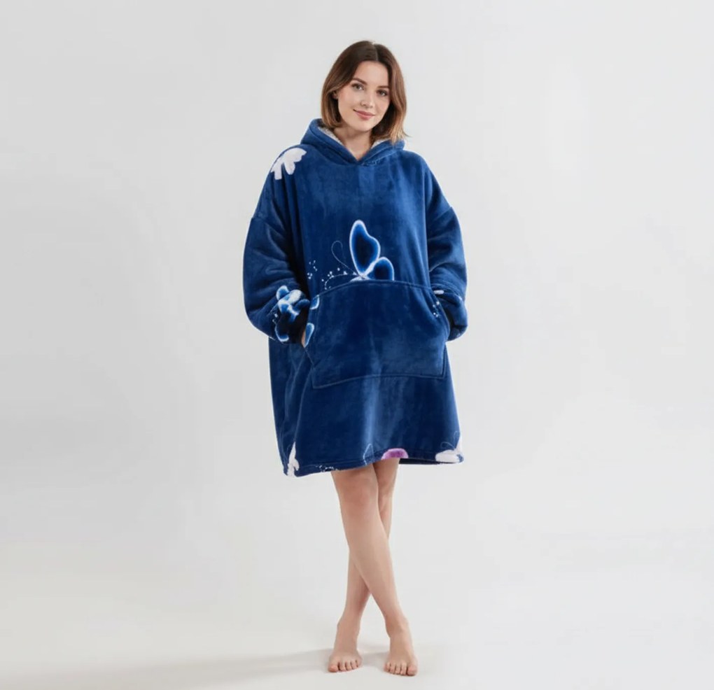 Koc bluza z baranka z rękawami i kapturem VIOLET BUTTERFLY, ciemnoniebieski