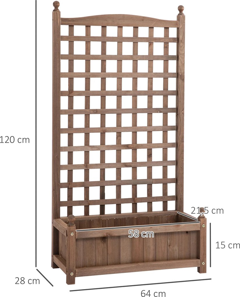 Outsunny Podwyższone Grządki z Trejażem do Roślin Pnących, Skrzynka na Kwiaty z Wspornikiem dla Winorośli, Drewno, Ciemnobrązowe, 64 x 28 x 120 cm