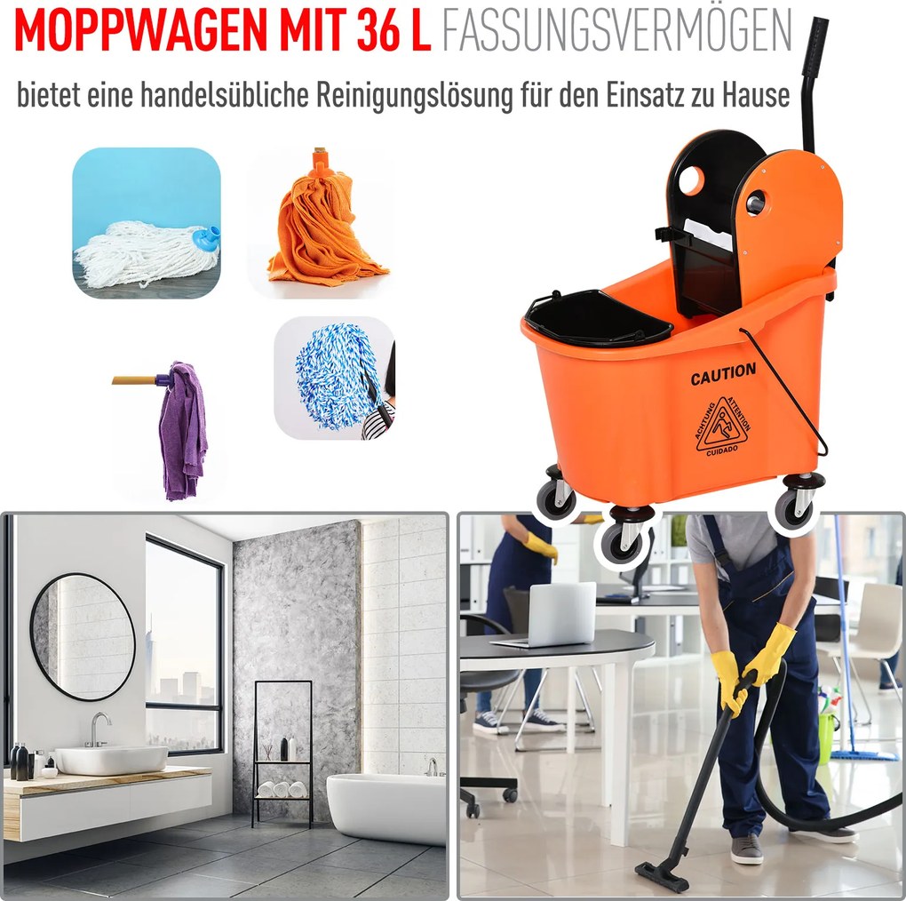 HOMCOM Wózek do sprzątania Wiadro na kółkach Wiadro do sprzątania Wózek do mycia podłóg z wyciskarką 36 litrów