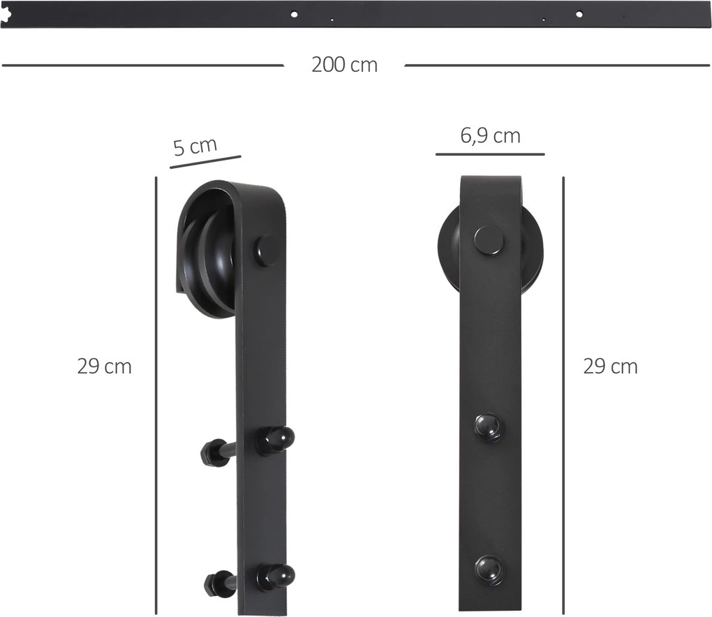 HOMCOM Zestaw szyn gleitowych do drzwi przesuwnych, do 90 kg, stal węglowa, 200 cm, czarny, w zestawie narzędzia