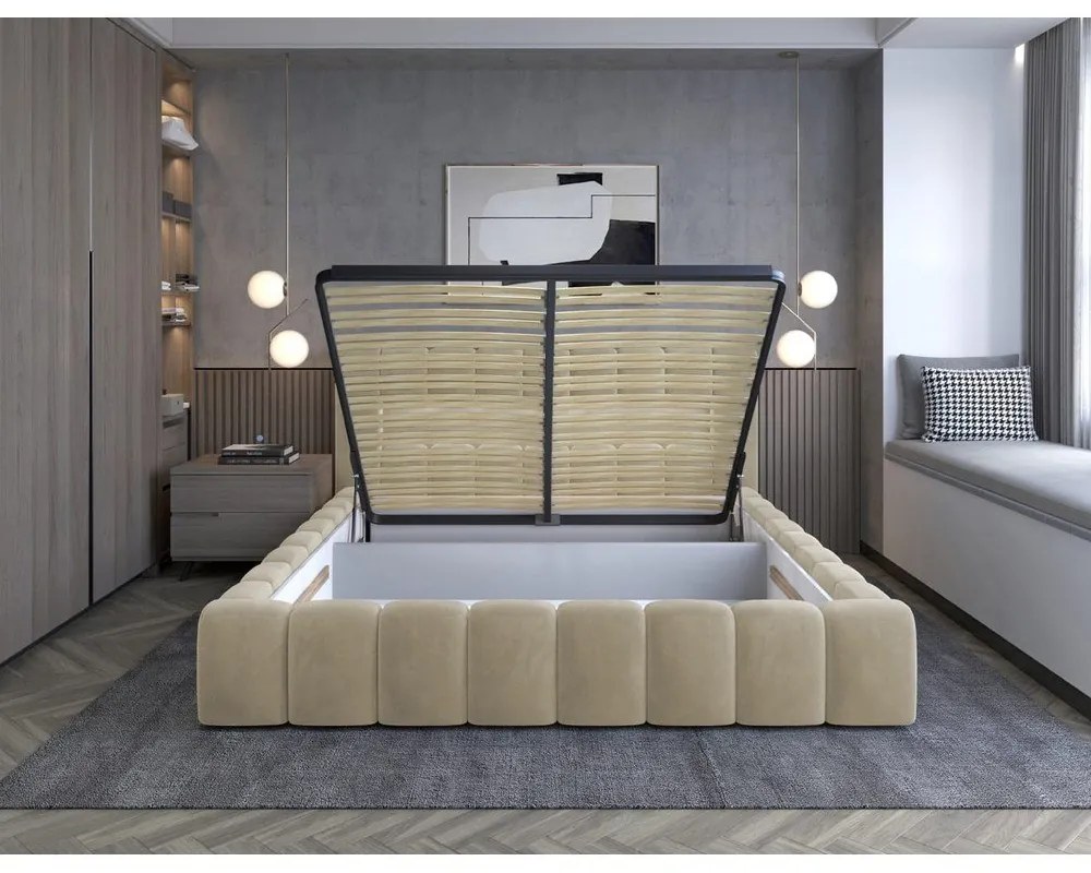Beżowe tapicerowane łóżko dwuosobowe ze schowkiem ze stelażem 160x200 cm Lamica – ELTAP