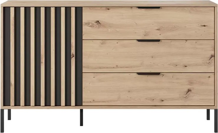 Komoda Ankara z lamelowym frontem i trzema szufladami w dekorze dąb artisan z antracytowymi akcentami