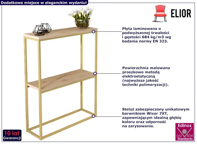 Nowoczesna konsola z metalowym stelażem złoty + dąb artisan - Carello 3X
