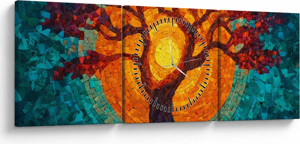 Obraz - Drzewo życia i słońce w mozaice (z zegarem) (90x30 cm)