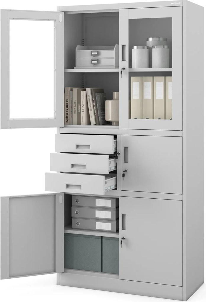 Szafa biurowa metalowa z sejfem, szklane drzwi, szara, 900x1850x400 mm: FILIP