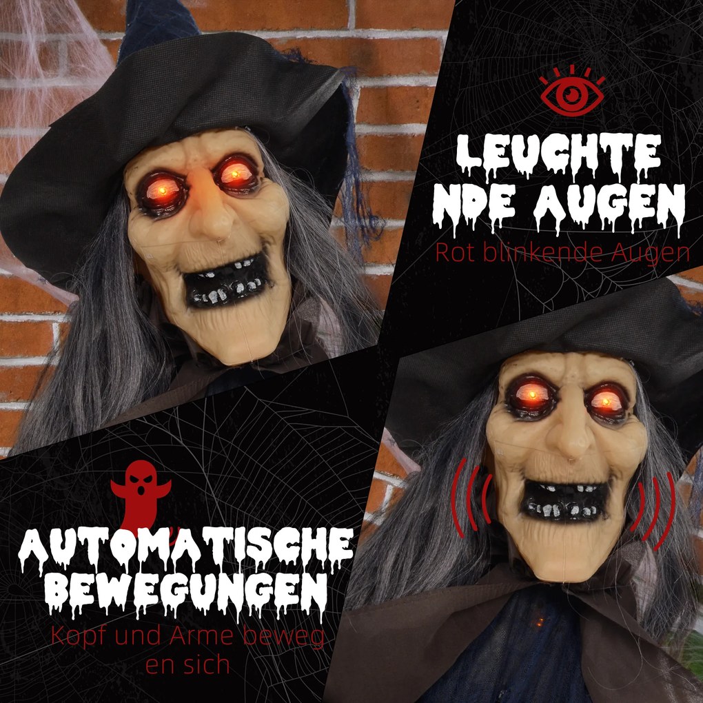 HOMCOM Dekoracja na Halloween Czarownica z miotłą, świecące oczy, straszne dźwięki, elastyczne ramiona, 107x65x190 cm