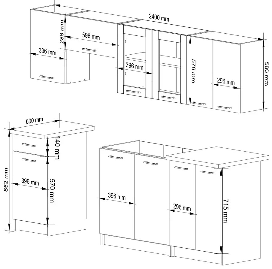 Zestaw mebli kuchennych z witryną beton  240 cm F3-P65