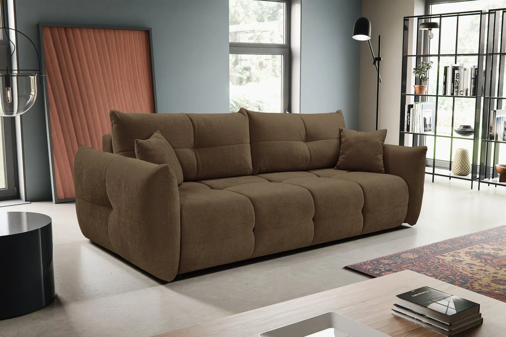 Masseno Sofa MODA z funkcją spania i pojemnikiem na pościel, Rozkładana sofa - Brązowy, WIND 22