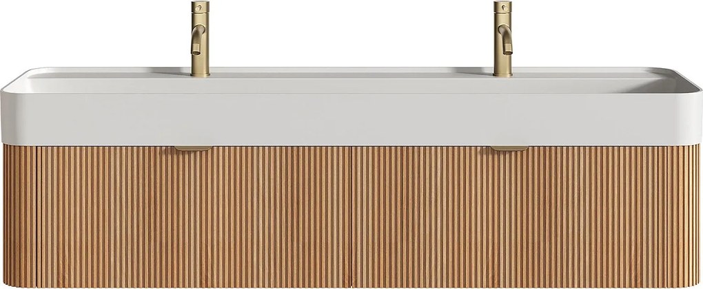 Wisząca szafka łazienkowa z prążkowanego drewna jesionowego z podwójną umywalką podblatową do zabudowy i baterią - Jasny naturalny - 150 cm - BULMAS