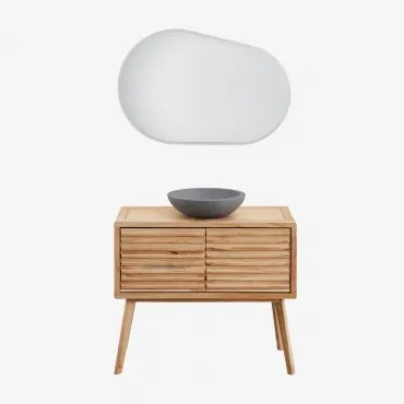 Zestaw Mebli Łazienkowych Z Drewna Deleyna Naturalna & Okrągły Szary Cement Ø40 Cm Tarsis & Owalna Lampa Led I Przeciwmgielna 100x80 - Sklum