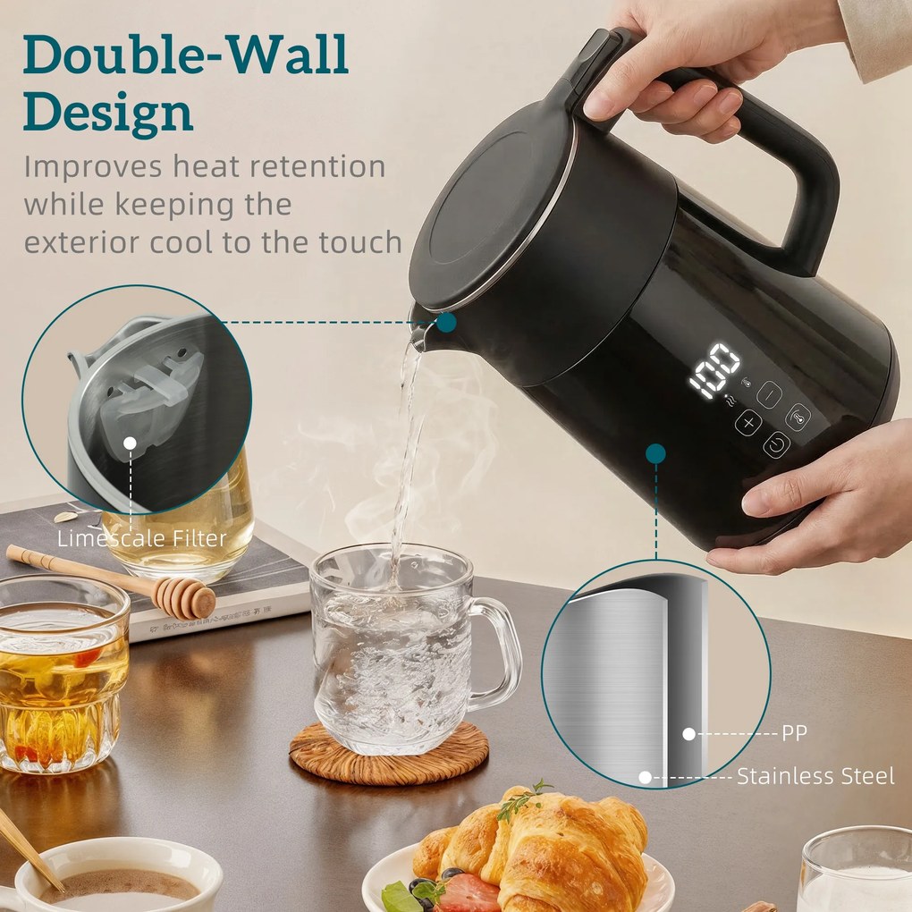 HOMCOM Elektryczny czajnik, 1,7 l, szybkie gotowanie, 2200 W, z wyświetlaczem LED, funkcją podtrzymywania ciepła, zabezpieczeniem przed suchobiegiem, bez PTFE | Aosom PL