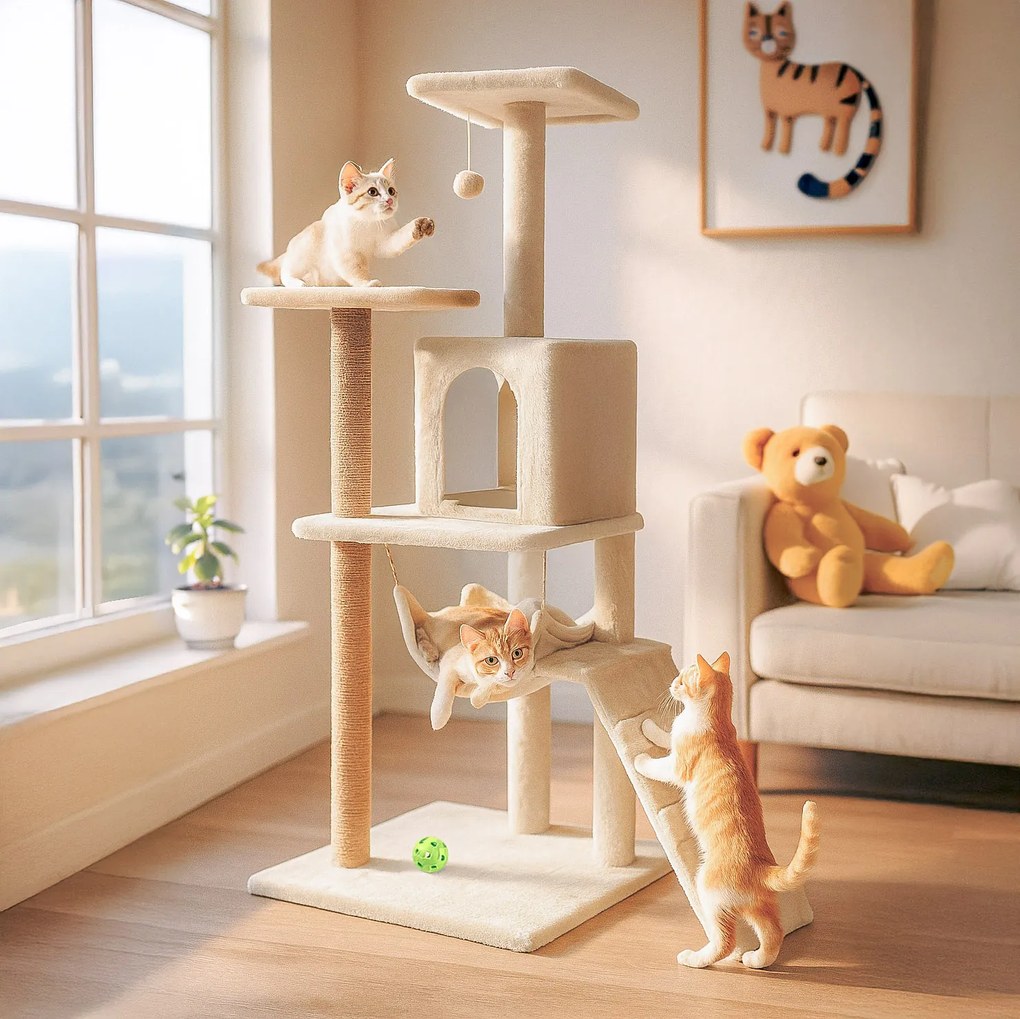 Drapak dla kota, domek z zabawką, wysoki, 6 poziomów, legowisko, Comfort Line beżowy