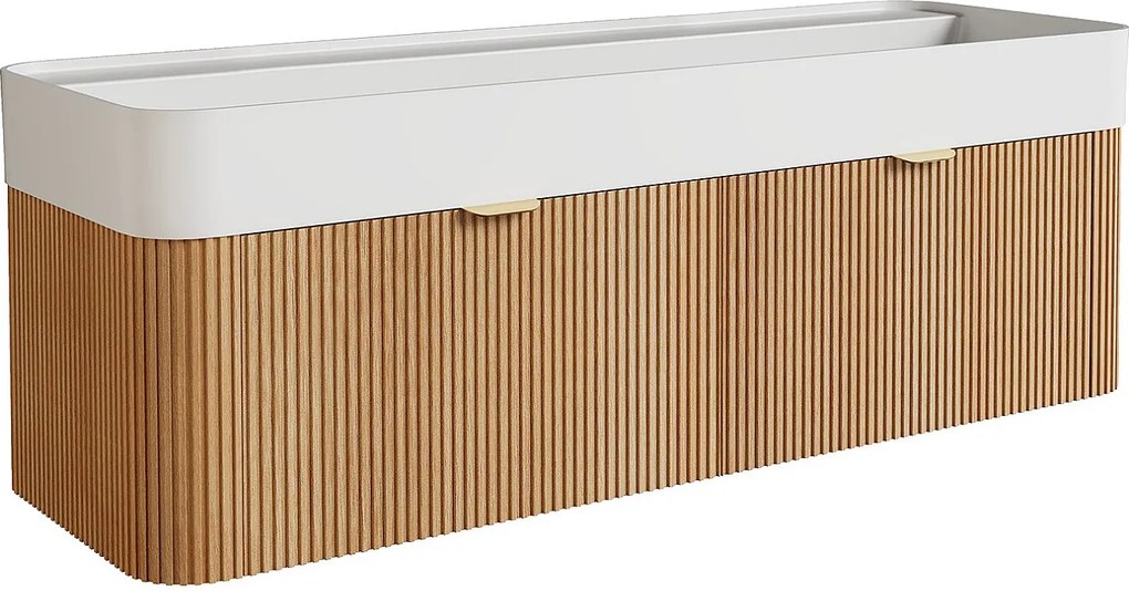 Wisząca szafka łazienkowa z prążkowanego drewna jesionowego z podwójną umywalką podblatową do zabudowy z matowej białej żywicy - Jasny naturalny - 120 cm - BULMAS