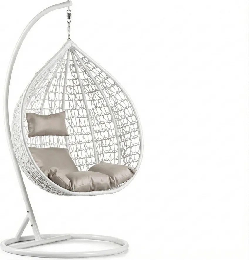 Białe wiszące krzesło KOKON ze stojakiem, jasna poduszka