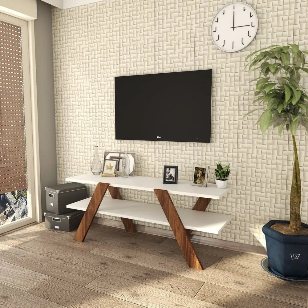 Biała szafka pod TV w dekorze orzecha 120x33 cm Basic – Kalune Design