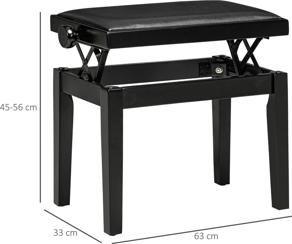HOMCOM Ławka do pianina, stołek fortepianowy, regulacja wysokości, ekoskóra, drewno, czarna, 63x33x56cm | Aosom PL