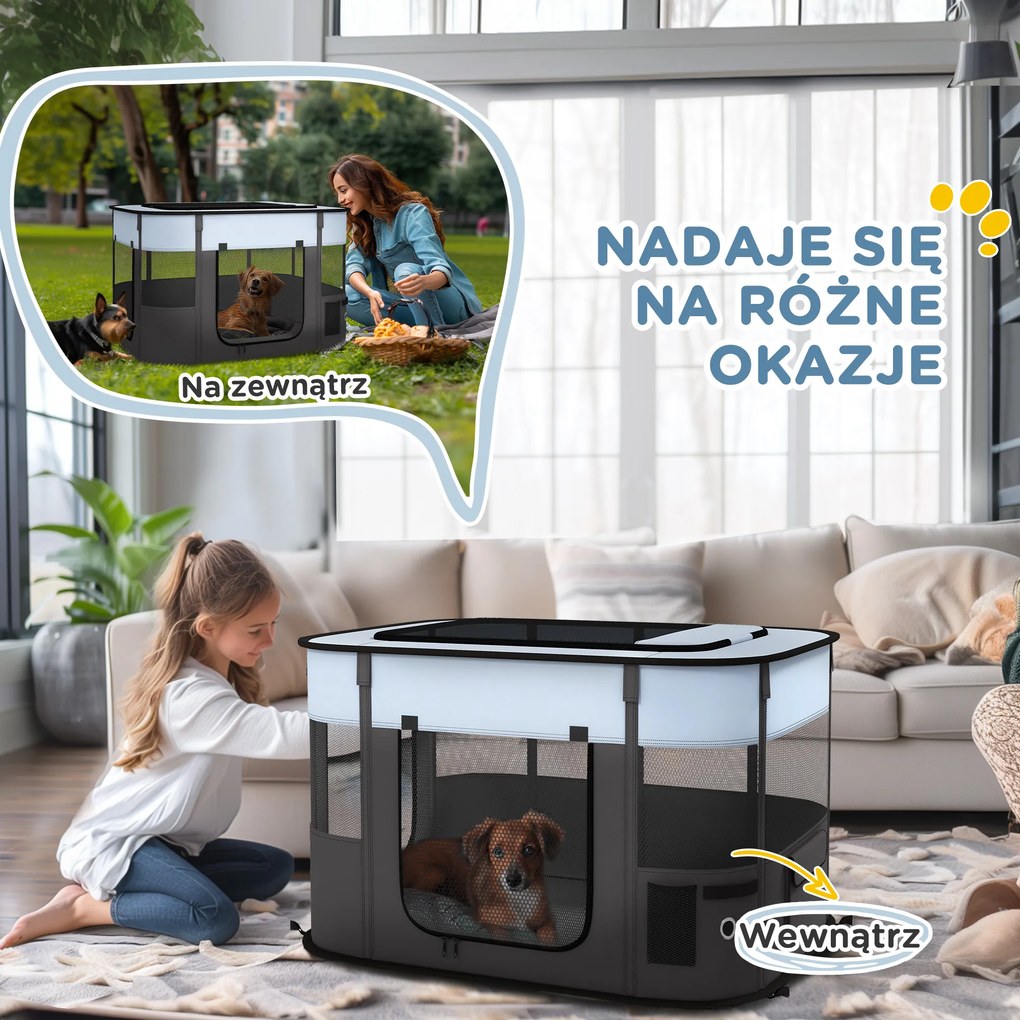 PawHut Składany wybieg dla zwierząt domowych, z torbą do przechowywania, dla szczeniąt i kociąt, do użytku wewnętrznego i zewnętrznego, Szary | Aosom PL