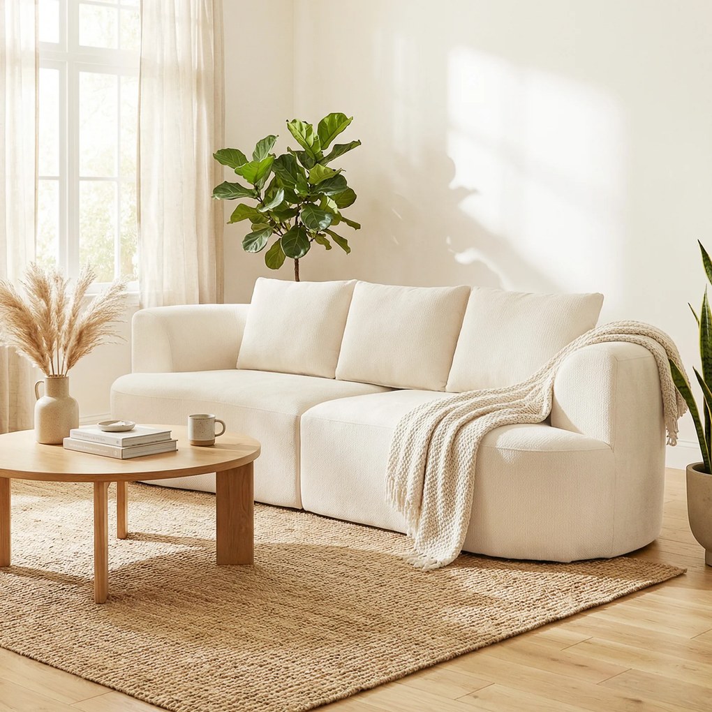 HOMCOM Sofa 3-osobowa, 260 cm sofa chenille z szerokim siedziskiem, sprężyny kieszeniowe, pianka o wysokiej gęstości, 3 poduszki, kremowa biel | Aosom PL