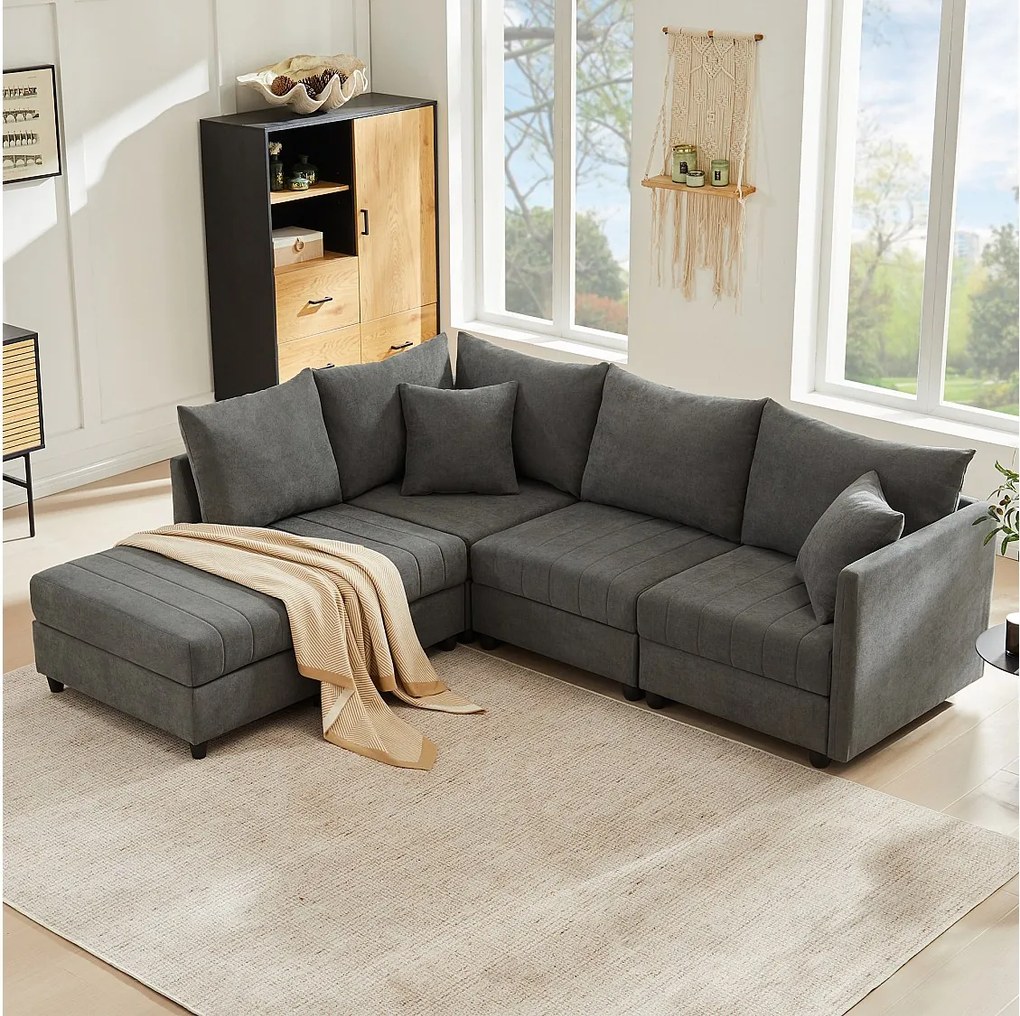 Modułowy zestaw wypoczynkowy 5-osobowy - 220 x 194 x 85 cm - z rozkładanym podnóżkiem - bawełna i len - szary
