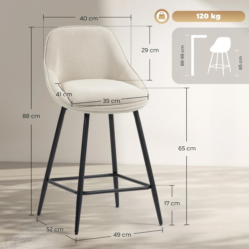 HOMCOM Zestaw 2 Hokerów ze Sztruksowym Wykończeniem i Stalowymi Nóżkami, Krzesła Tapicerowane do Kuchennej Wyspy, Jadalni, Kremowe | Aosom PL