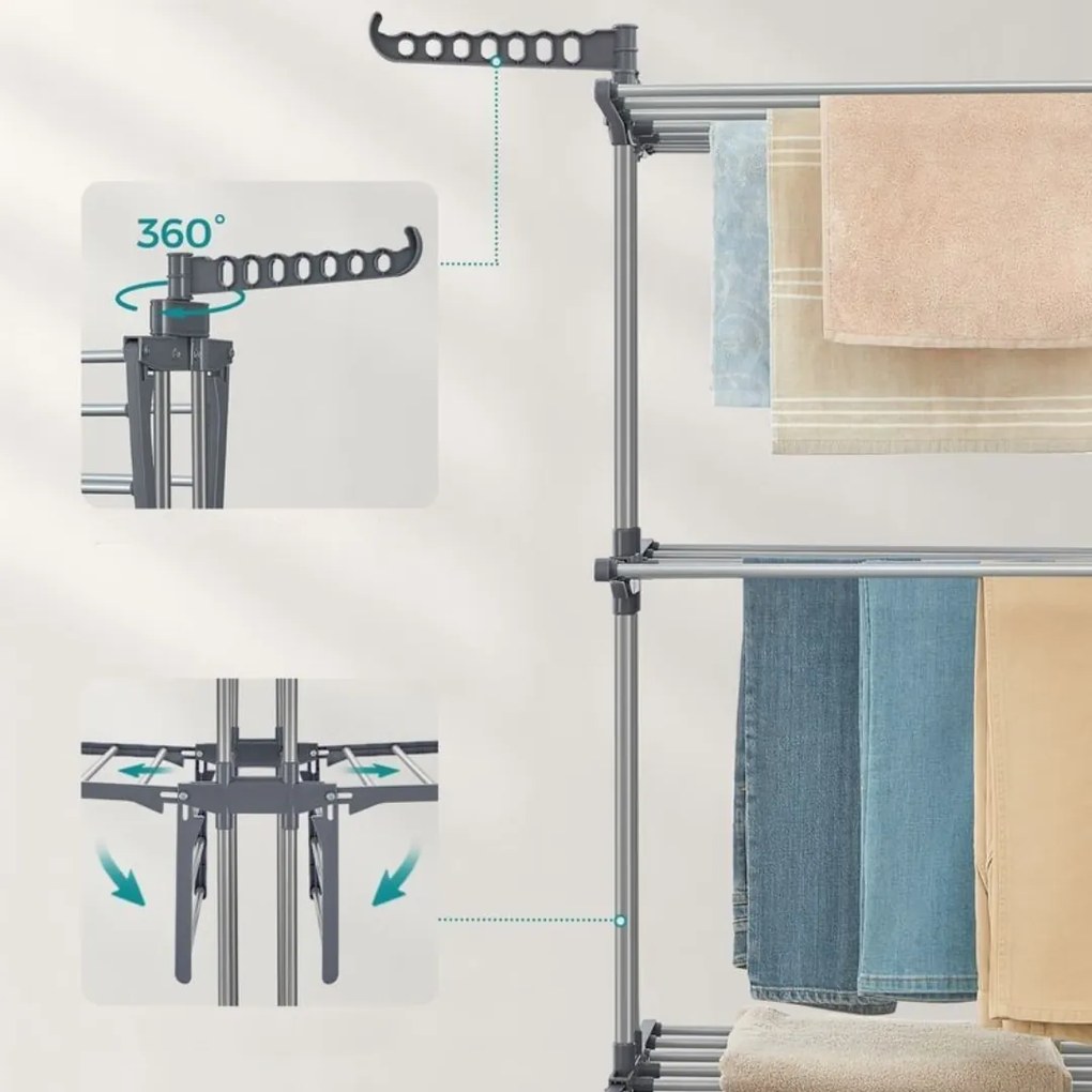 Suszarka na pranie ELTON z 4 poziomami na kółkach, 76x172x50 cm, szara SongmicsHome