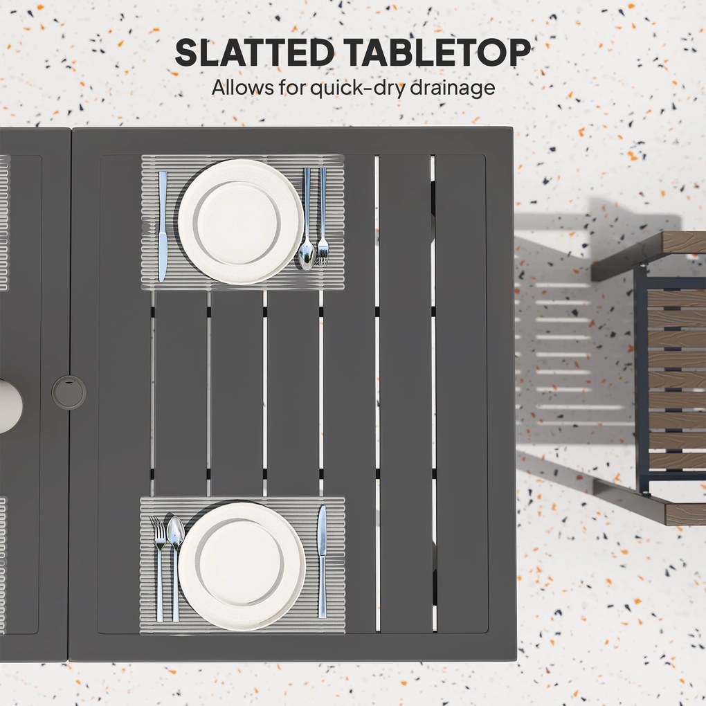 Outsunny Stół Ogrodowy 150x90cm, Odporny na Warunki Pogodowe Stół na Balkon ze Stali, z Otoworem na Parasol Czarny