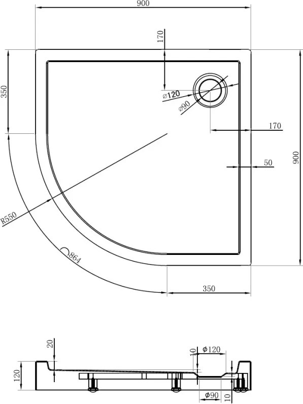 Mexen Flow+ brodzik półokrągły 90 x 90 cm, biały połysk - 46Q109090H