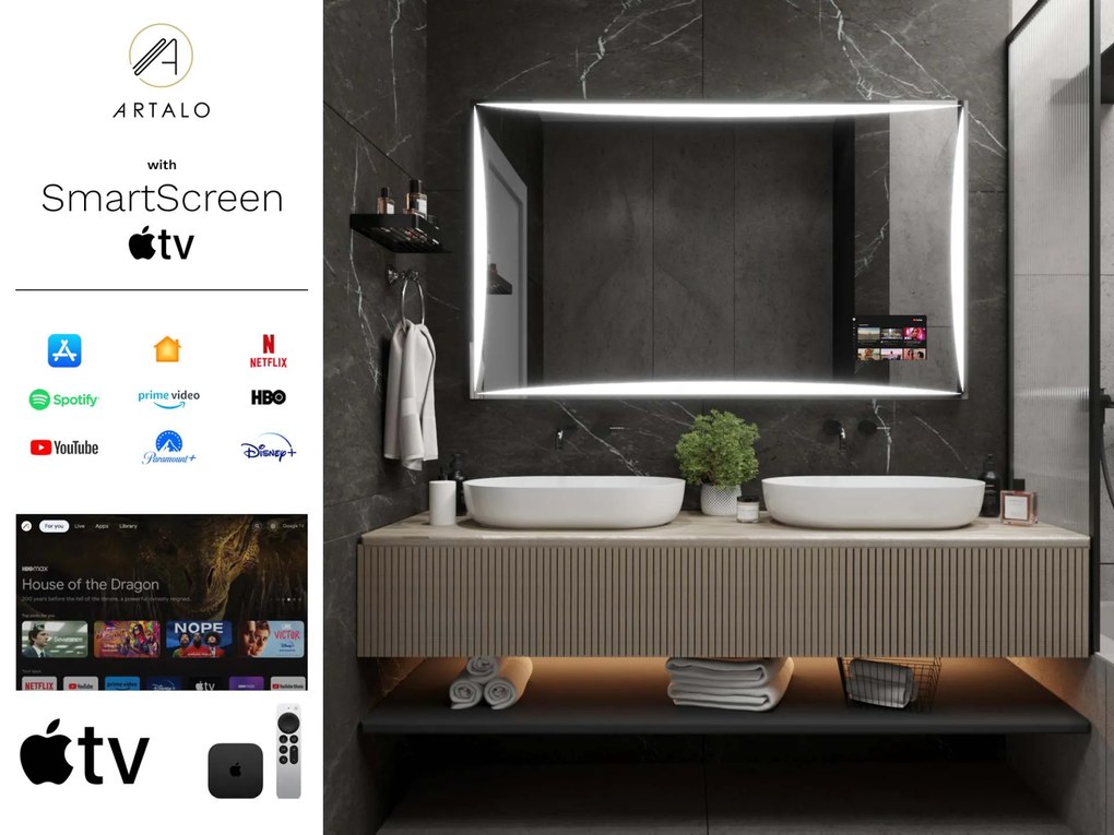 SMART LED lustro do łazienki z oświetleniem M5 premium + SmartScreen with Apple TV