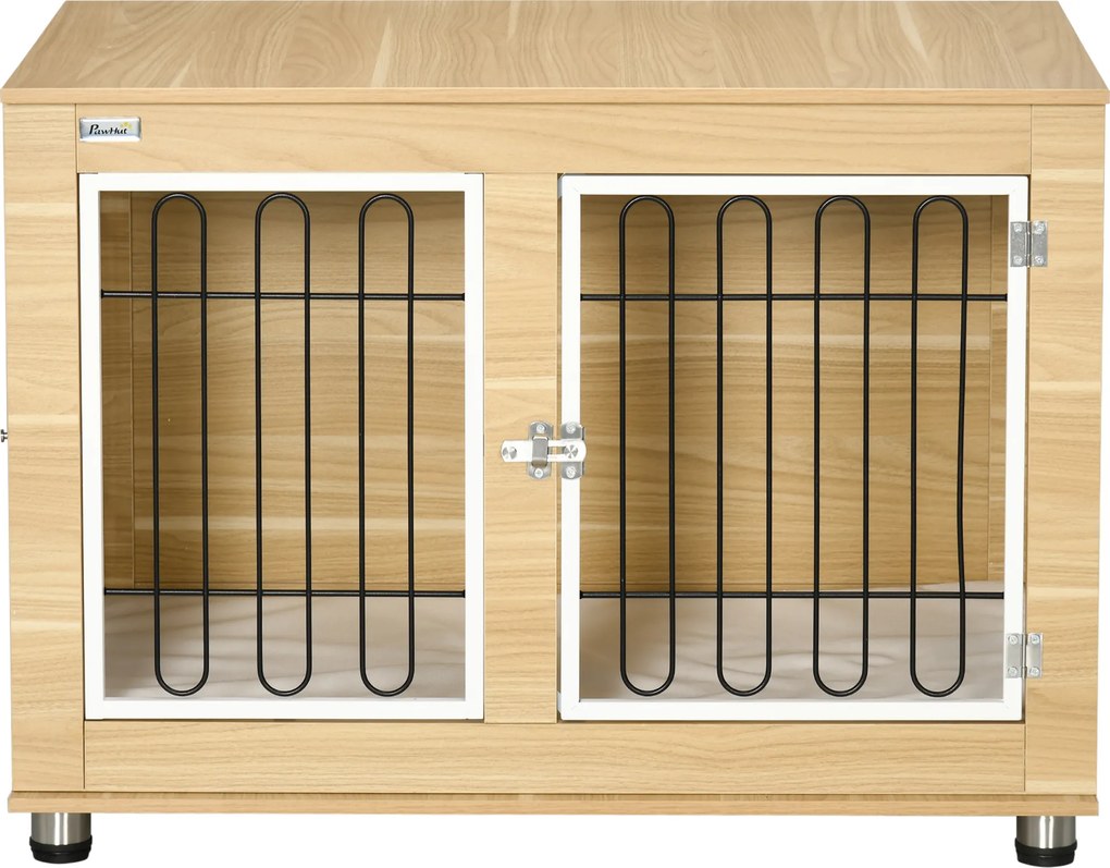 PawHut Klatka dla psów średniej wielkości Buda z poduszką Dąb 90x58x65cm | Aosom PL